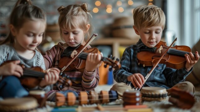 Three young children sit on the floor, each playing a violin with focused expressions.