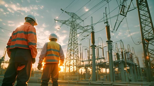 Two Engineers Inspecting Power Transmission Equipment at Sunset