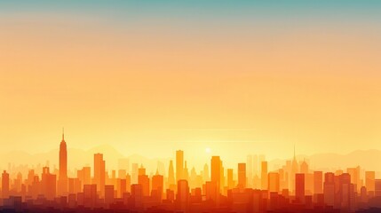 Obraz premium Silhouette of a city skyline at sunset with birds flying overhead.