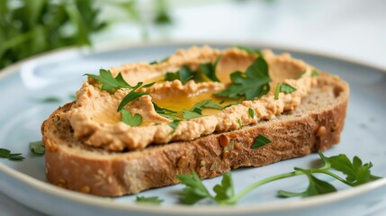 Delicious bread topped with creamy hummus and fresh herbs, perfect for healthy snacking or as a light appetizer.