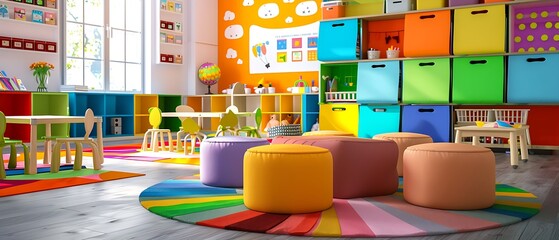 Colorful children's classroom with round footstools, modern and cheerful atmosphere