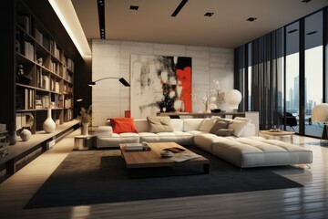 Elegant contemporary living room design with a stylish sofa, art, and panoramic urban backdrop