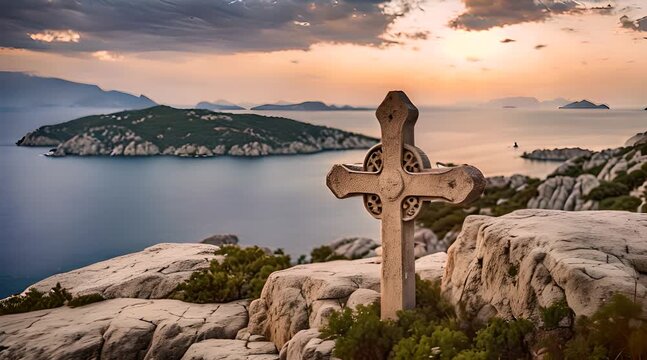 Christian Cross on Rock by Mediterranean Sea