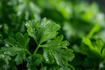 みずみずしいイタリアンパセリの葉のクローズアップ/Close-up of Fresh Italian Parsley Leaves/Gro&szlig;aufnahme von frischen italienischen Petersilienbl&auml;ttern