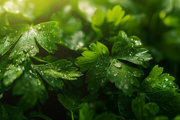みずみずしいイタリアンパセリの葉のクローズアップ/Close-up of Fresh Italian Parsley Leaves/Gro&szlig;aufnahme von frischen italienischen Petersilienbl&auml;ttern