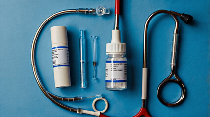 National Immunization Awareness Month -Overhead view of stethoscope, syringe, and medical mask arranged on a blue background