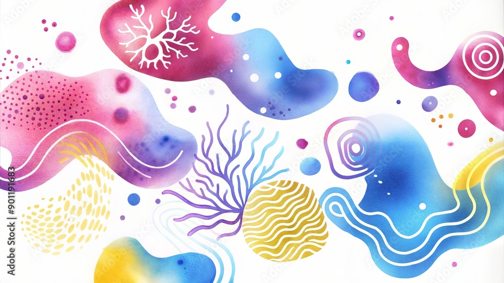 Poster vibrant and colorful abstract watercolor design with dynamic shapes and organic patterns.
