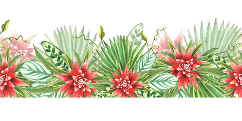 Tropical leaves with red flowers, palm leaf, curly creeper, home plant greenery. Watercolor Seamless border, pattern. Exotic Hawaiian jungle floral clipart Painted illustration on isolated background 