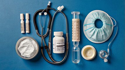 National Immunization Awareness Month -Overhead view of stethoscope, syringe, and medical mask arranged on a blue background