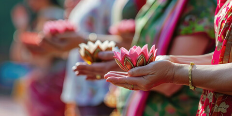 Women hold candles shaped like lotus flowers during an Indian religious celebration