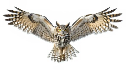 Fototapeta premium Flying Left Side Serious Owl on a White Background: Detailed and Majestic Illustration