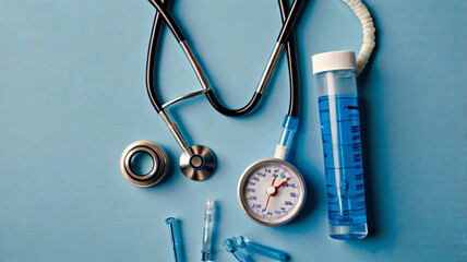 National Immunization Awareness Month -Overhead view of stethoscope, syringe, and medical mask arranged on a blue background