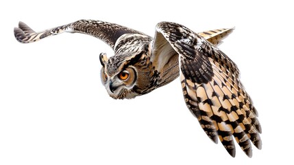 Obraz premium Flying Left Side Serious Owl on a White Background: Detailed and Majestic Illustration