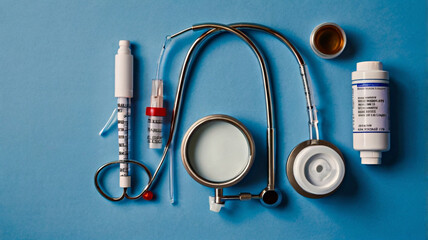 National Immunization Awareness Month -Overhead view of stethoscope, syringe, and medical mask arranged on a blue background