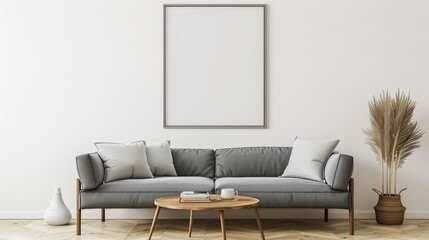 Modern cozy mock up and decoration furniture of living room and empty canvas frame on the white wall texture background, 3D rendering