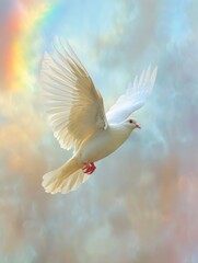 Fototapeta premium White bird soaring in sky with rainbow