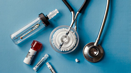 National Immunization Awareness Month -Overhead view of stethoscope, syringe, and medical mask arranged on a blue background