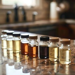 Culinary extracts lined up on a kitchen counter.