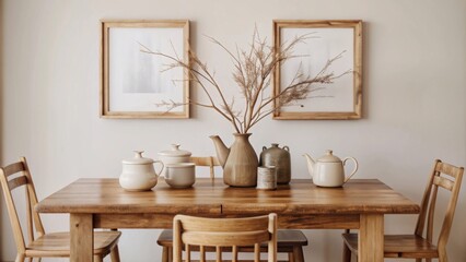 A rustic dining area features a wooden table set with matching wooden tea service items, including a teapot, a milk jug, a sugar bowl, and a teacup with a saucer.