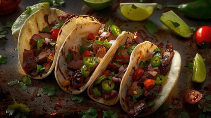 Delicious tacos filled with grilled meat, fresh vegetables, and vibrant toppings. Perfect for any food lover's culinary experience.