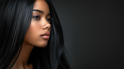Elegant Beauty Woman with Long Straight Black Hair, Glamorous Look against Dark Background, Studio Portrait, Night Setting, Sophisticated and Mysterious Mood