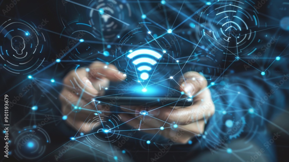 Aufkleber A person sending files between devices using wireless technology, such as Bluetooth or Wi-Fi, depicted on a sleek digital interface.