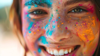 A close-up of a smiling woman's face covered in colorful powder paint.