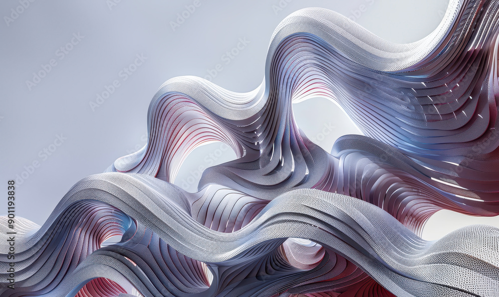 Poster intricate parametric wave patterns of modern abstract art architectural design in monochrome and red