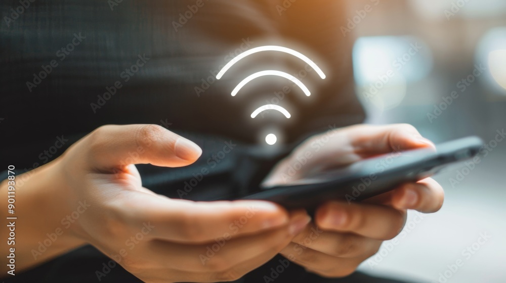 Poster a person using a smartphone with a strong signal icon, highlighting seamless wireless communication.