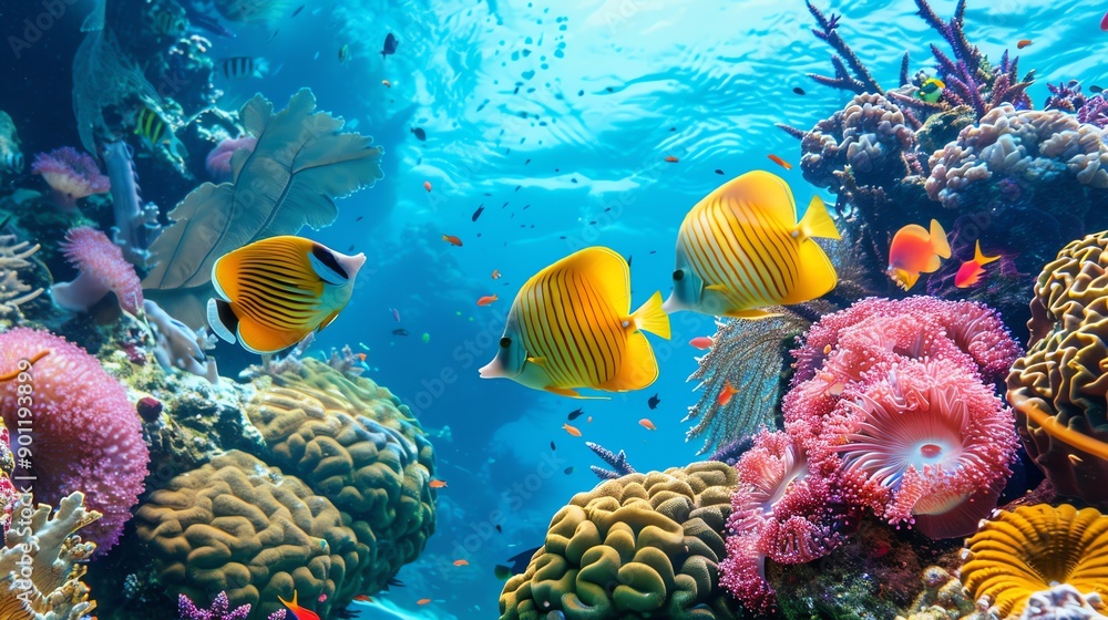 Poster Colorful fish swim through a vibrant coral reef.