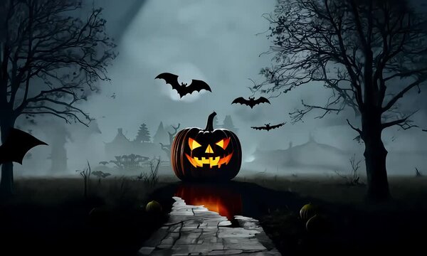 halloween background with pumpkin and bats flying