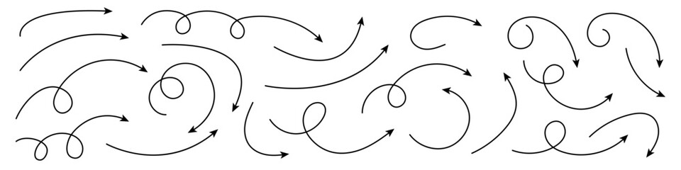 Fototapeta premium Collection of curved arrows. Set simple curved hand drawn arrows. Collection of pointers.