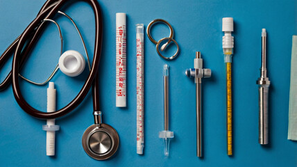 National Immunization Awareness Month -Overhead view of stethoscope, syringe, and medical mask arranged on a blue background