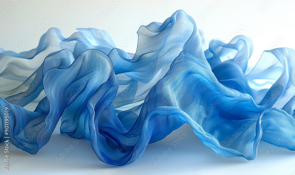 Poster ethereal floating blue fabric waves in motion abstract art background perfect for design and creativ