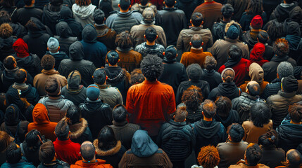 Obraz premium Leader Standing Out in Crowd from Above, Unique Individual Concept, Diverse Group Gathering, Top View, Daytime, Unity and Leadership Theme