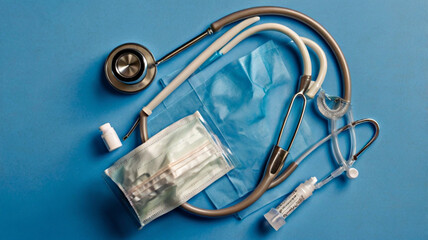 National Immunization Awareness Month -Overhead view of stethoscope, syringe, and medical mask arranged on a blue background