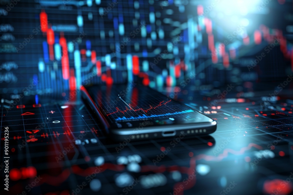 Poster smartphone showing stock market trends with a background of a digital brain hologram highlighting th