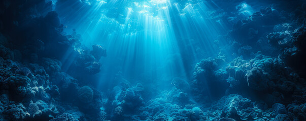 Obraz premium Mystical Underwater Blue Abyss with Sunlight Beams Illuminating Ocean Depths - Serene Coral Reef Landscape