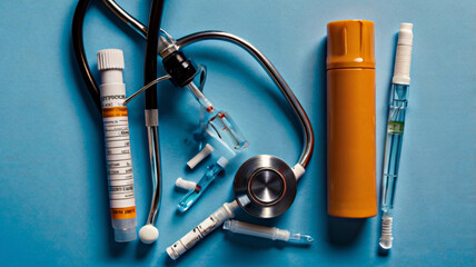 National Immunization Awareness Month -Overhead view of stethoscope, syringe, and medical mask arranged on a blue background