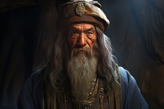 Detailed digital art of an intense and wise old wizard portrait in a mystical and mysterious fantasy world. Complete with a beard. Cap. And costume