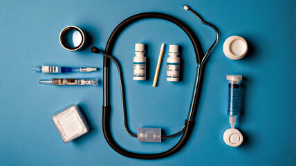 National Immunization Awareness Month -Overhead view of stethoscope, syringe, and medical mask arranged on a blue background