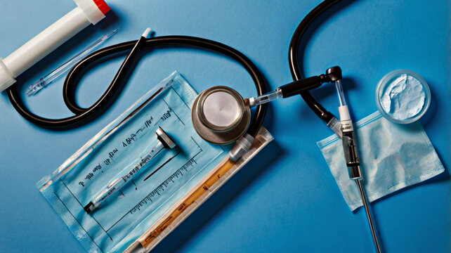National Immunization Awareness Month -Overhead view of stethoscope, syringe, and medical mask arranged on a blue background