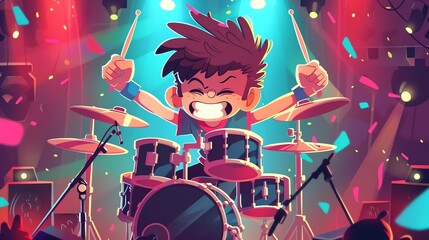 A cartoon boy plays drums on stage under colorful lights with confetti falling.
