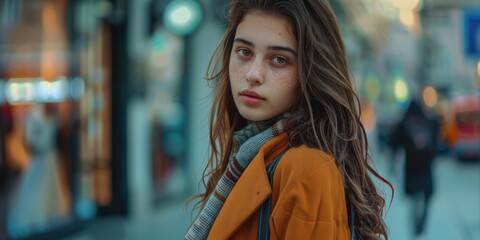 Woman with long brown hair and scarf