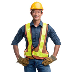 Confident construction worker in safety gear and hard hat, ready to tackle any project with a smile and professionalism.