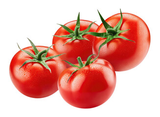 Fresh red tomatoes with vibrant green stems, perfect for culinary dishes or healthy eating concepts.