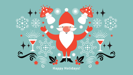 Christmas Card, horizontal banner, Seasons greetings theme, cute Santa and decorative elements, vector illustration in geometric flat style
