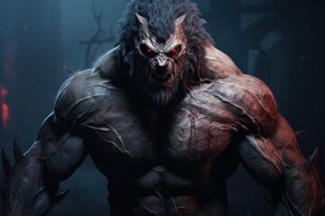 Digital art depiction of a fearsome werewolf with glowing red eyes amidst a shadowy forest