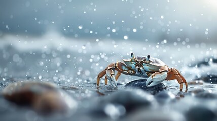 Fototapeta premium Dramatic scene of crab navigating rocky shore during storm, crashing waves and dark skies, intense and striking.