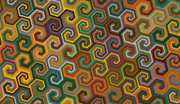 Retro seamless pattern. Hexagonal triskelion spirals.